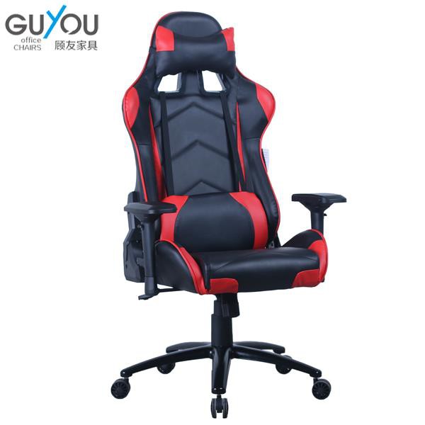 Schwarz-weißer Gaming-Stuhl mit 2D-Armlehne und 3D-Design